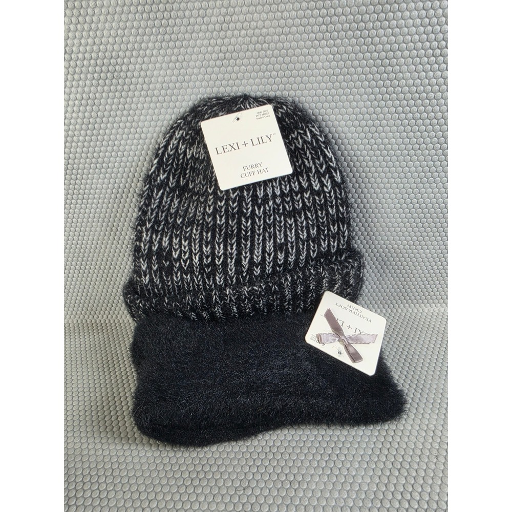Lexi + Lily Furry Cuff Hat and Feather Soft Crew Socks Set Black White NWT